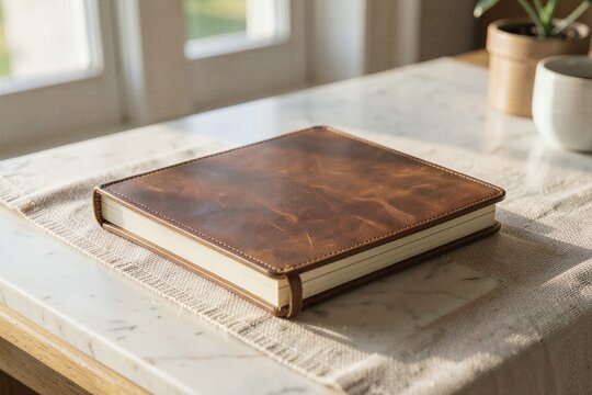 Brown Leather Hardcover Journal Resting on a Linen Table Runner in Morning Light