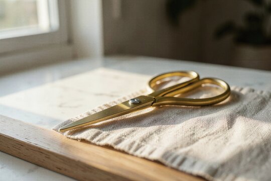 Minimalist Brass Desk Scissors Resting on Linen Cloth and Wood Surface