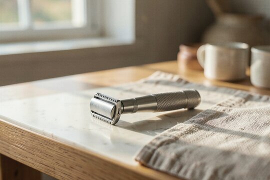 Stainless Steel Double Edge Safety Razor on Marble Tabletop Lifestyle Setting
