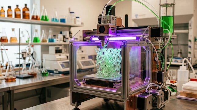 Advanced 3D Printer Creating Intricate Green Object in a Scientific Laboratory