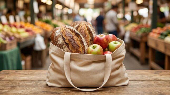 Freshly baked artisanal bread and ripe apples in a canvas grocery bag at a bustling farmers market