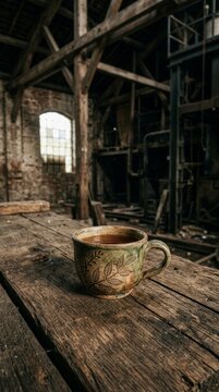 Ceramic mug with leaf pattern on rustic wooden table, abandoned industrial warehouse background.