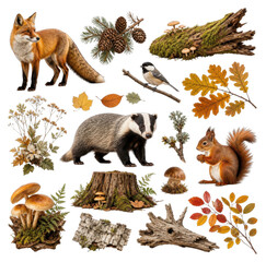 Obraz premium Autumn woodland animal and fungi PNG collage on transparent background