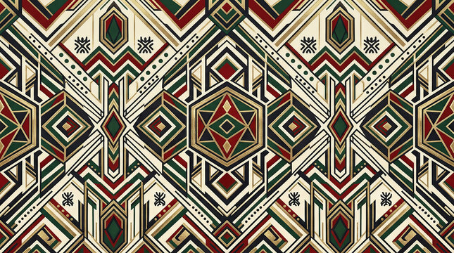 Art deco geometric pattern with hexagons and diamonds in cream, green, red, and gold hues.