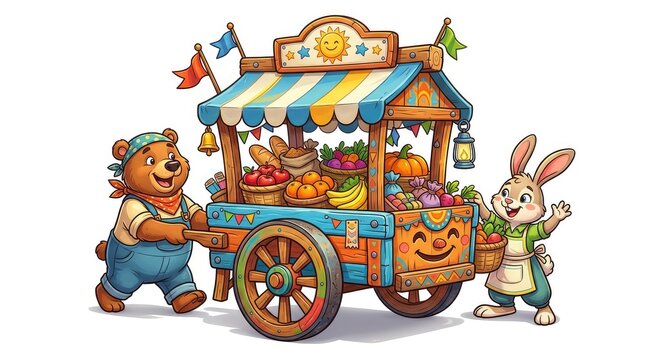 Cartoon Bear Pushing Market Cart With Fruit and Vegetables
