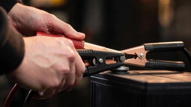 Close up of hands connecting jumper cables to car battery terminal for vehicle power boost