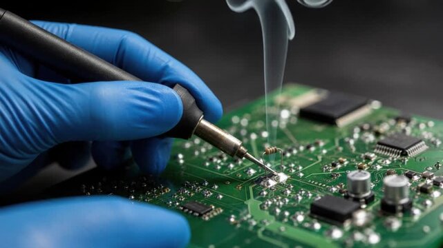 Close up of electronic circuit board soldering with blue gloves and smoke rising from soldering iron tip