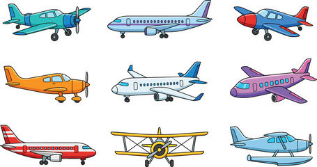 Aviation vector collection featuring commercial passenger airliners private propeller planes vintage biplanes and amphibious seafaring aircraft © MdJulfikar