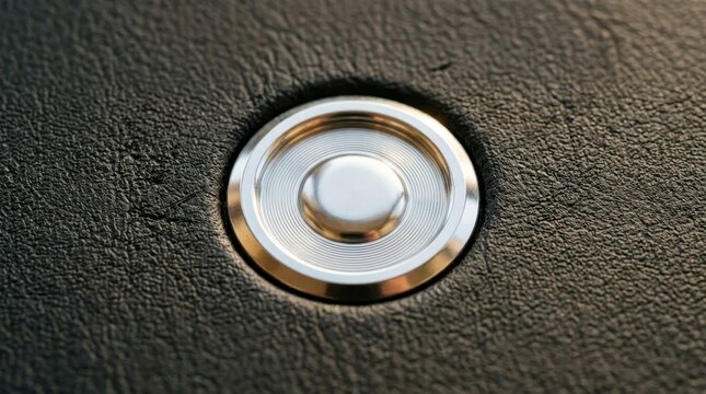 Close-up of a metallic engine start button with concentric rings on a textured black surface