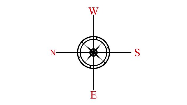 Minimal black compass rose with North, South, East and West directions on a white background. Clear navigation symbol for travel, orientation, maps, exploration, PS, and outdoor design projects.