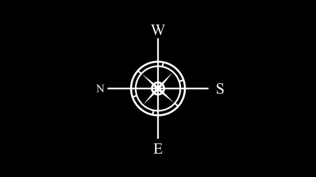 White compass rose with cardinal direction letters on a black background. Clean navigation symbol representing travel, orientation, direction, exploration, mapping,and adventure themed graphics.