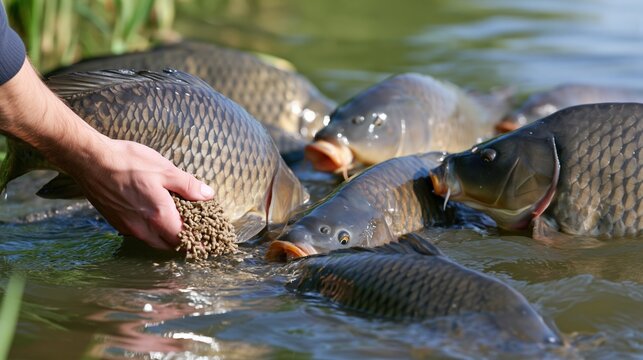 Fisherman feeding a school of large carp fish in a pond with fish food pellets