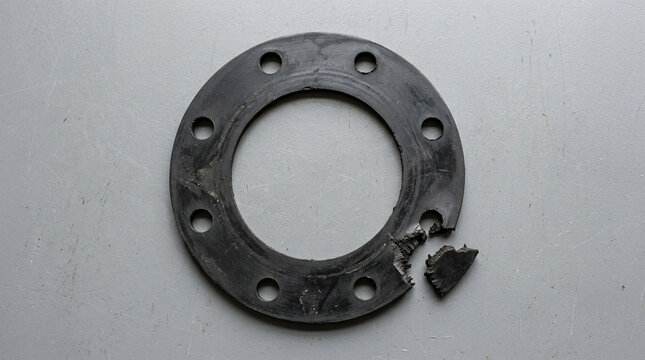 Torn black rubber flange gasket on neutral maintenance surface