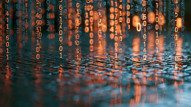 Abstract digital rain of orange binary code reflecting on a wet, textured surface, representing technology and data
