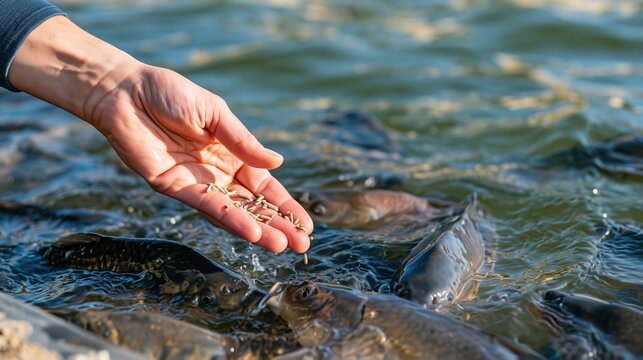 Close-up of a hand feeding small pellets to a school of hungry fish swimming in clear water