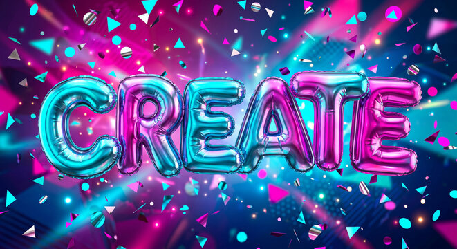 3D inflated foil balloon typography spelling the word 'CREATE' with oversized bubbly letters