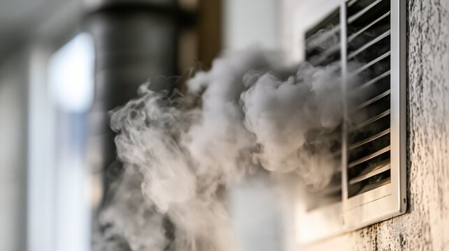 White Smoke or Steam Emitting from a Ventilation Grille in a Wall