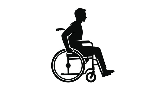 A person in a wheelchair is depicted in a stark black silhouette accessibility assistance