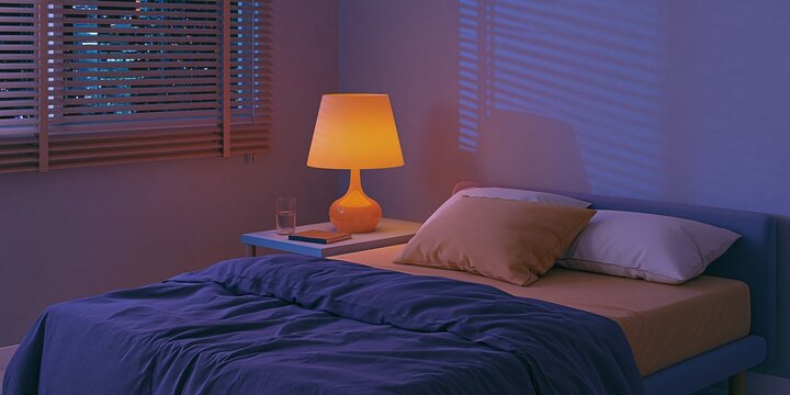 Cozy bedroom interior at night with warm bedside lamp illuminating a made bed and window blinds
