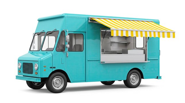 Turquoise food truck with a yellow and white striped awning isolated on white background