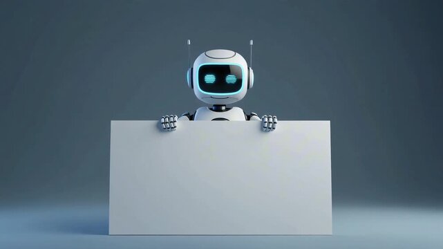 Charming little robot with a blank sign suitable for information, communication, technology, branding, advertising, and commercial creative projects.