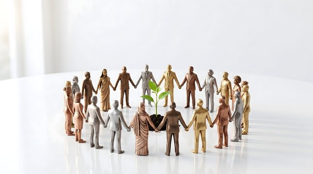 A diverse group of miniature figurines holding hands in a circle around a growing green sprout, representing environmental unity