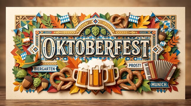 Vibrant Oktoberfest banner illustration featuring beer steins, pretzels, Bavarian flags, autumn leaves, and traditional German elements.