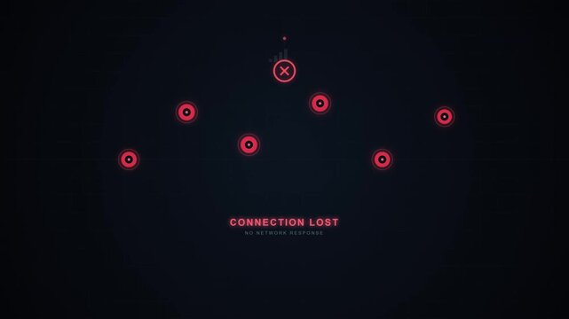Futuristic digital network interface showing active glowing data nodes suddenly disconnecting, displaying a red connection lost error warning, and successfully reconnecting in a seamless loop.