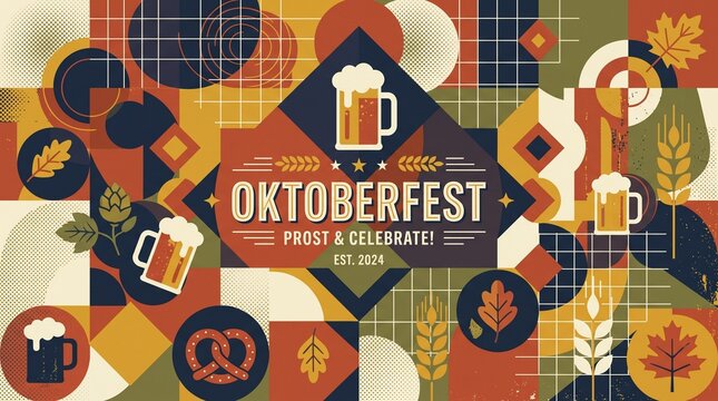 Vibrant geometric Oktoberfest illustration with beer mugs, pretzels, hops, wheat, and autumn leaves, celebrating the German festival.