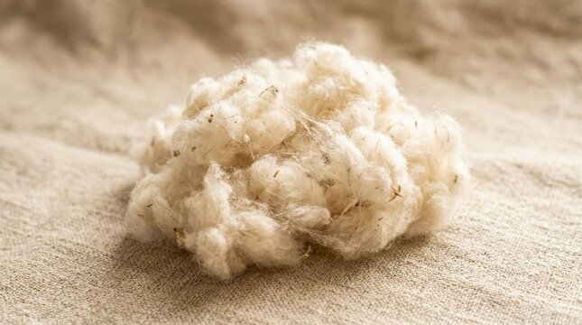 Close-up view of a pile of fluffy raw cotton fibers on a textured beige fabric background, showcasing natural organic material