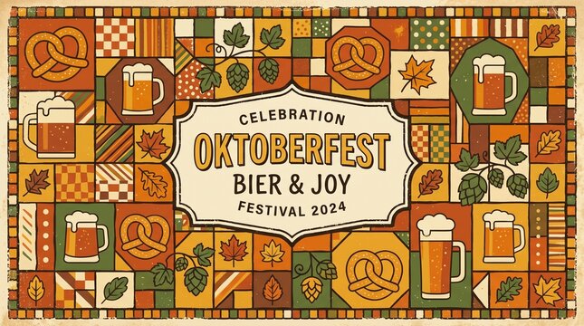 Vibrant Oktoberfest festival banner with a patchwork pattern featuring beer mugs, pretzels, hops, and autumn leaves, celebrating 'Bier & Joy' for 2024.