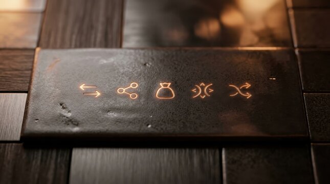 Collection of glowing orange interface icons on a dark textured panel, representing digital navigation and technology functions
