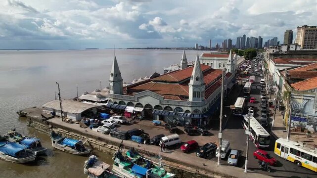 View of the historic Ver-o-Peso market in Belem, Para, Brazilian Amazon. The largest open-air market in Latin America, showcasing colonial architecture, vibrant local culture, and Amazonian commerce a