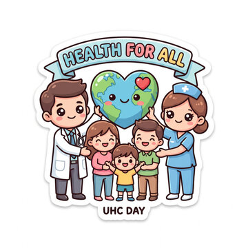 Cute Universal Health Coverage (UHC) Day cartoon illustration. A friendly doctor, nurse, and a happy family are standing 