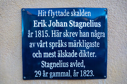 Stockholm, Sweden  An historic landmark sign in Swedish about Swedish writer Erik Johan Stagnelius having lived there in 1815.