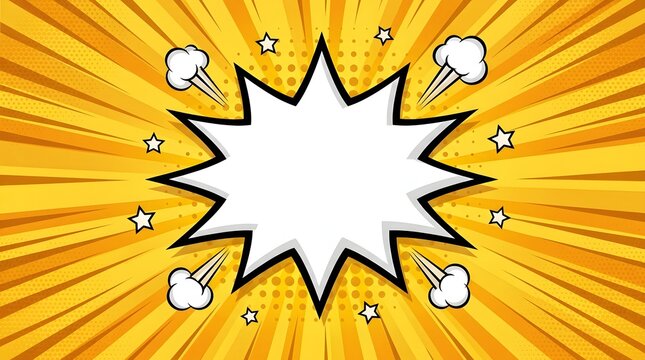 Bright comic speech bubble  explosion effect with stars and thought bubbles on yellow background