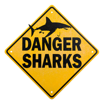 Yellow diamond-shaped warning sign with a black shark silhouette and bold text reading DANGER SHARKS, isolated icon png with transparent background. AI gen