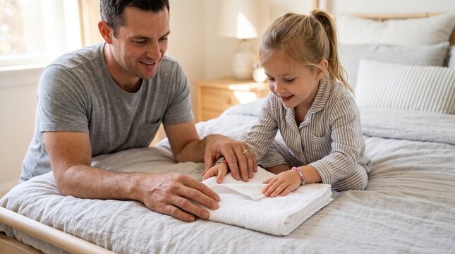 Father and daughter folding laundry together on a bed in a bright bedroom