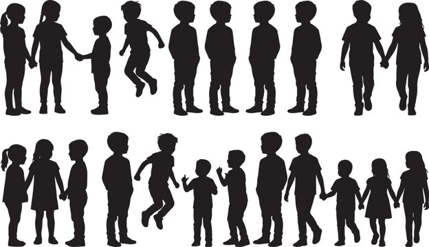 Collection of diverse children silhouettes vector illustration design of standing and playing together in various poses isolated on a white background.
