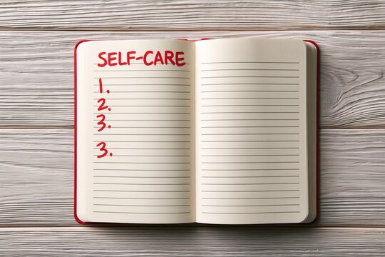 Open Notebook with 'Self-Care' Handwritten and Numbered List on Wooden Background