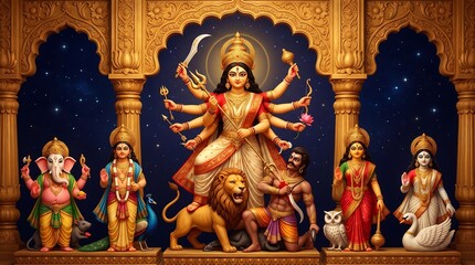 Fototapeta premium A majestic depiction of goddess durga the powerful protector surrounded by her divine companions and mount