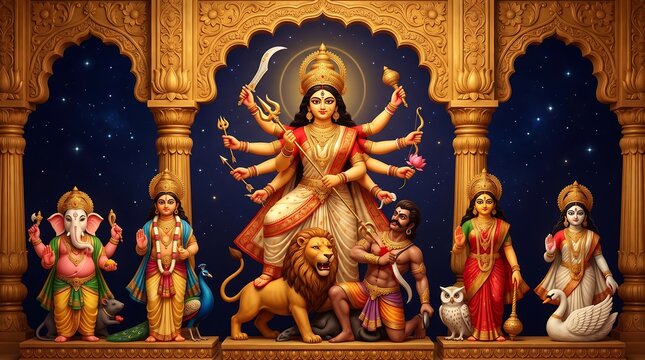 A majestic depiction of goddess durga the powerful protector surrounded by her divine companions and mount