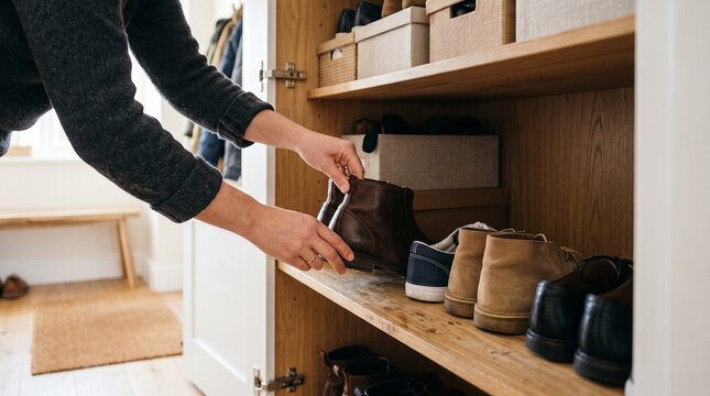 Person organizing shoes in a wooden shoe cabinet with multiple shelves and storage boxes