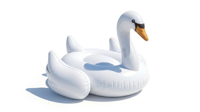 Inflatable white swan pool float isolated on a clean white background with shadow