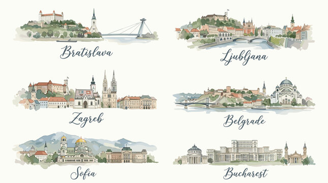 European Cities Watercolor Landmark Collection with Bratislava Ljubljana Zagreb Belgrade Sofia and Bucharest Vector