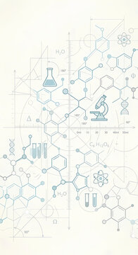 Scientific diagrams with molecular structures and laboratory equipment illustration