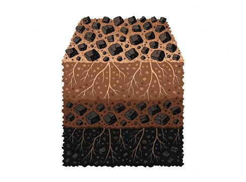 Soil layers with biochar particles and roots, biochar treatment