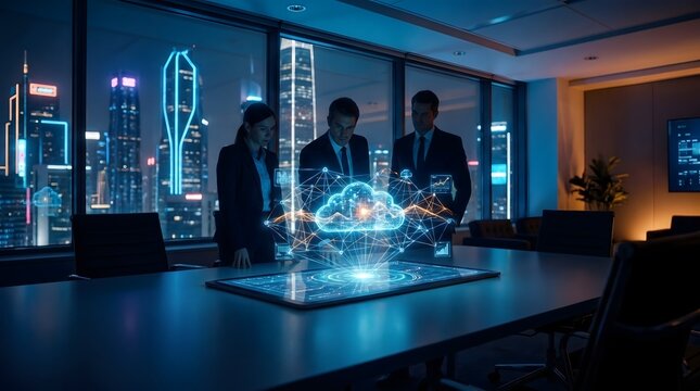 Business professionals analyzing cloud computing data on a holographic display in a modern office at night.