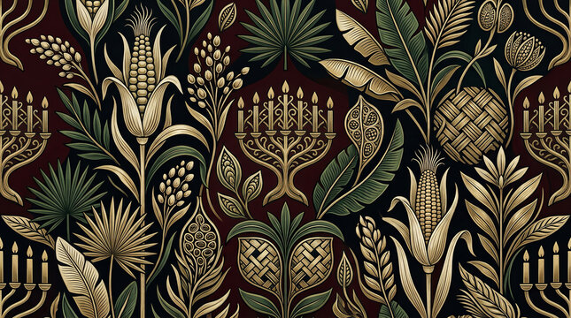 Intricate floral pattern with corn stalks and menorahs on a dark background, vintage textile design.