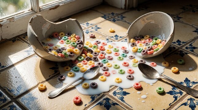 Broken ceramic bowls spill colorful cereal, milk on tiled kitchen floor. Messy breakfast accident happens near sunny window. Scattered rings, liquid create chaos during morning meal. Shards, spoons